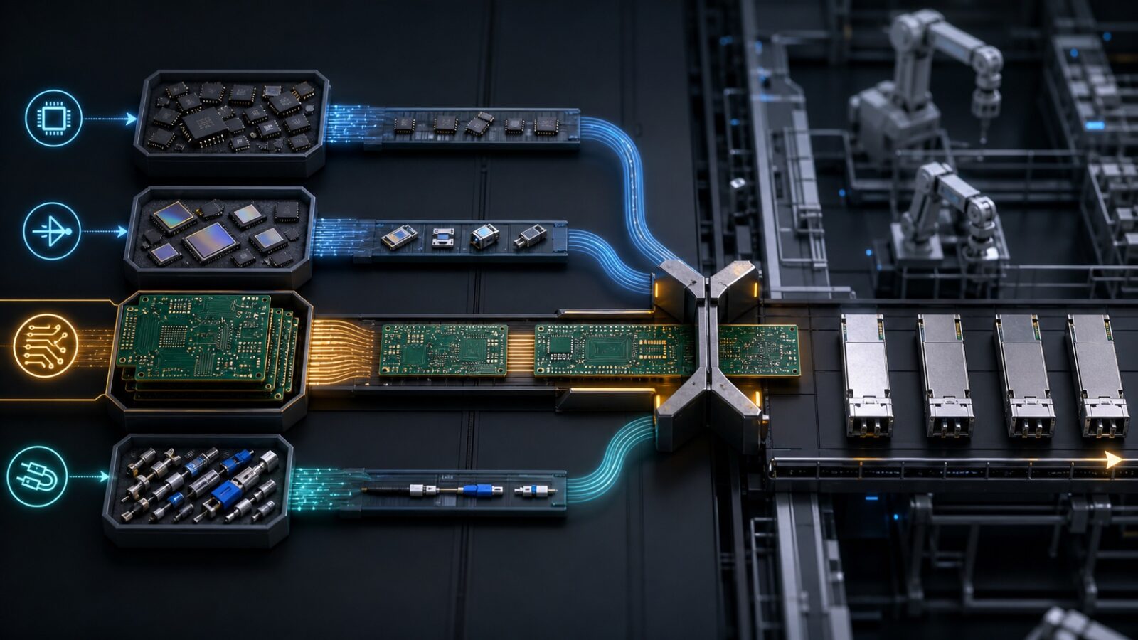 光模块供应链中 PCB 物料成为交付瓶颈的示意图