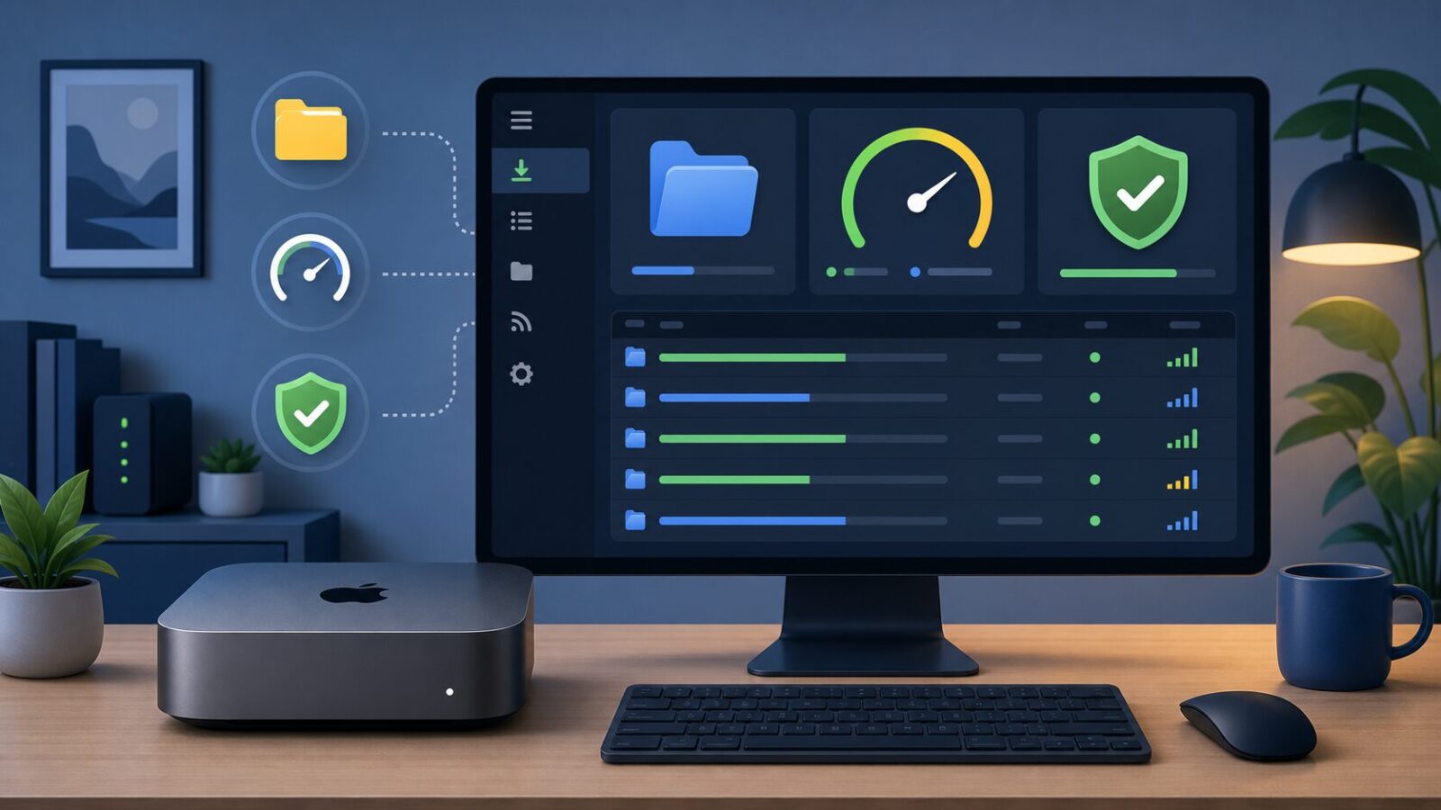 Mac mini 上配置 qBittorrent 下载管理、队列和安全访问的示意图