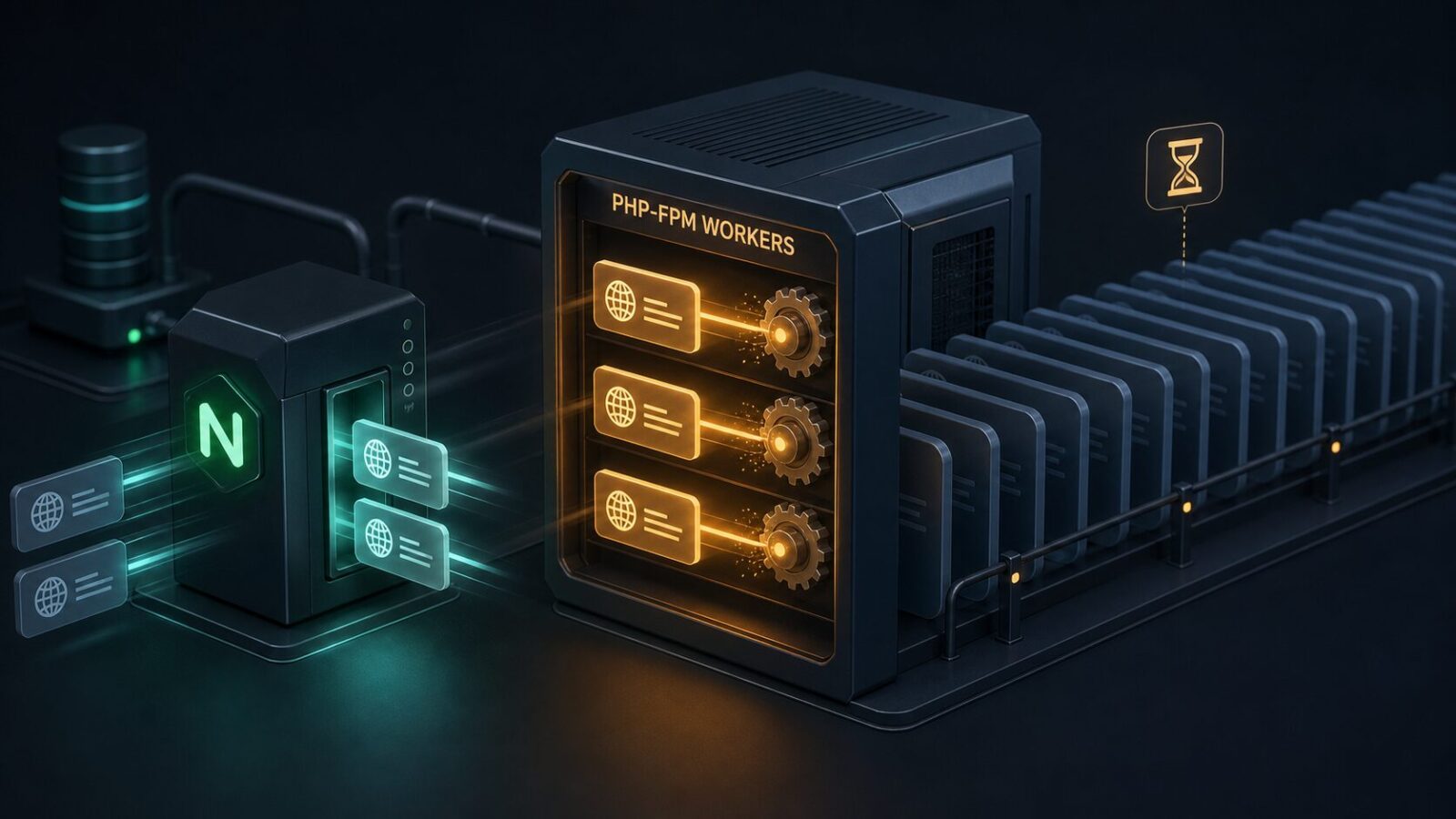 三条 PHP-FPM 工作进程被外部请求占用，后方请求排队的服务器运维示意图。