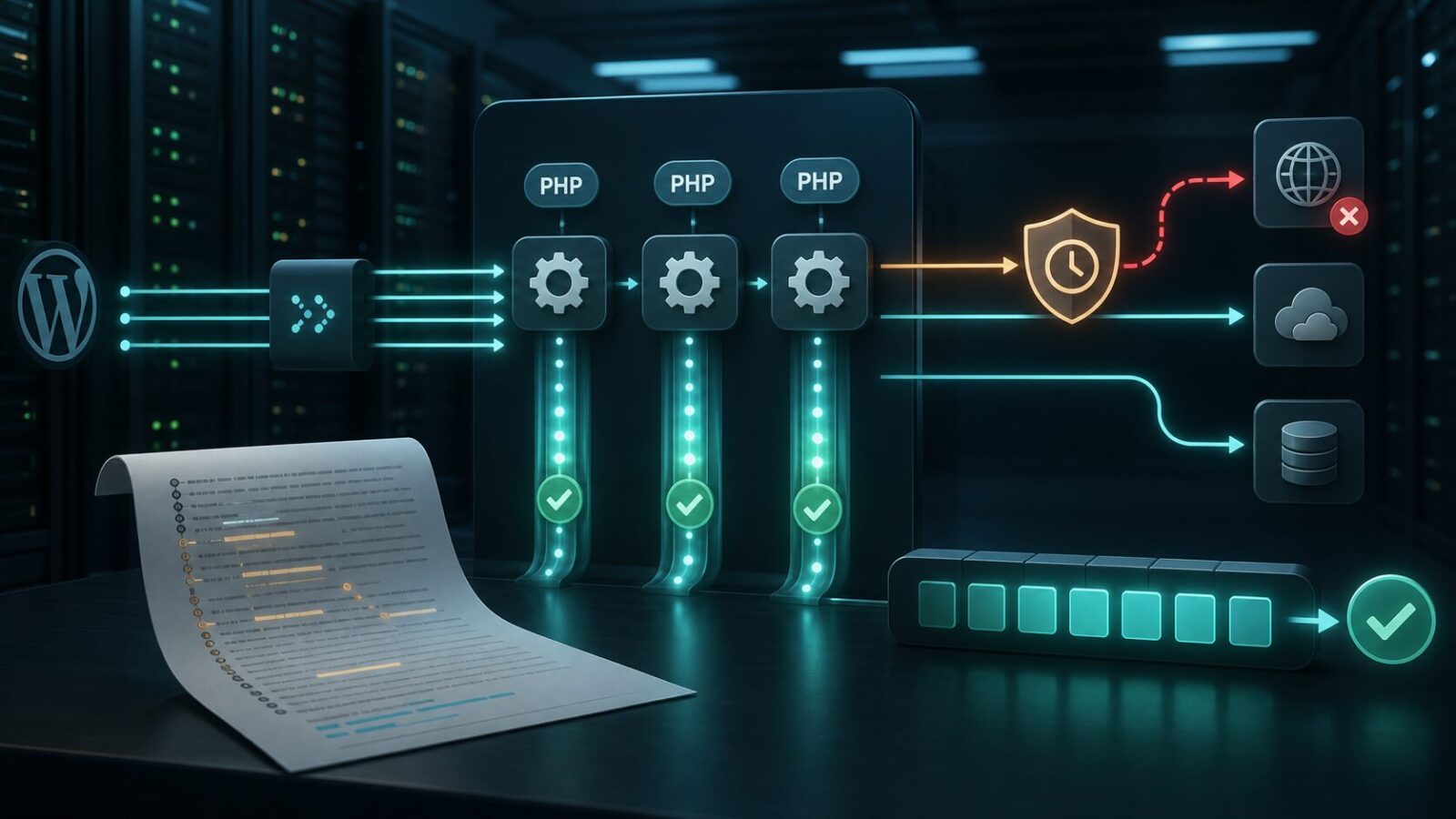 PHP-FPM 通过慢请求日志和超时机制释放队列的服务器运维示意图。